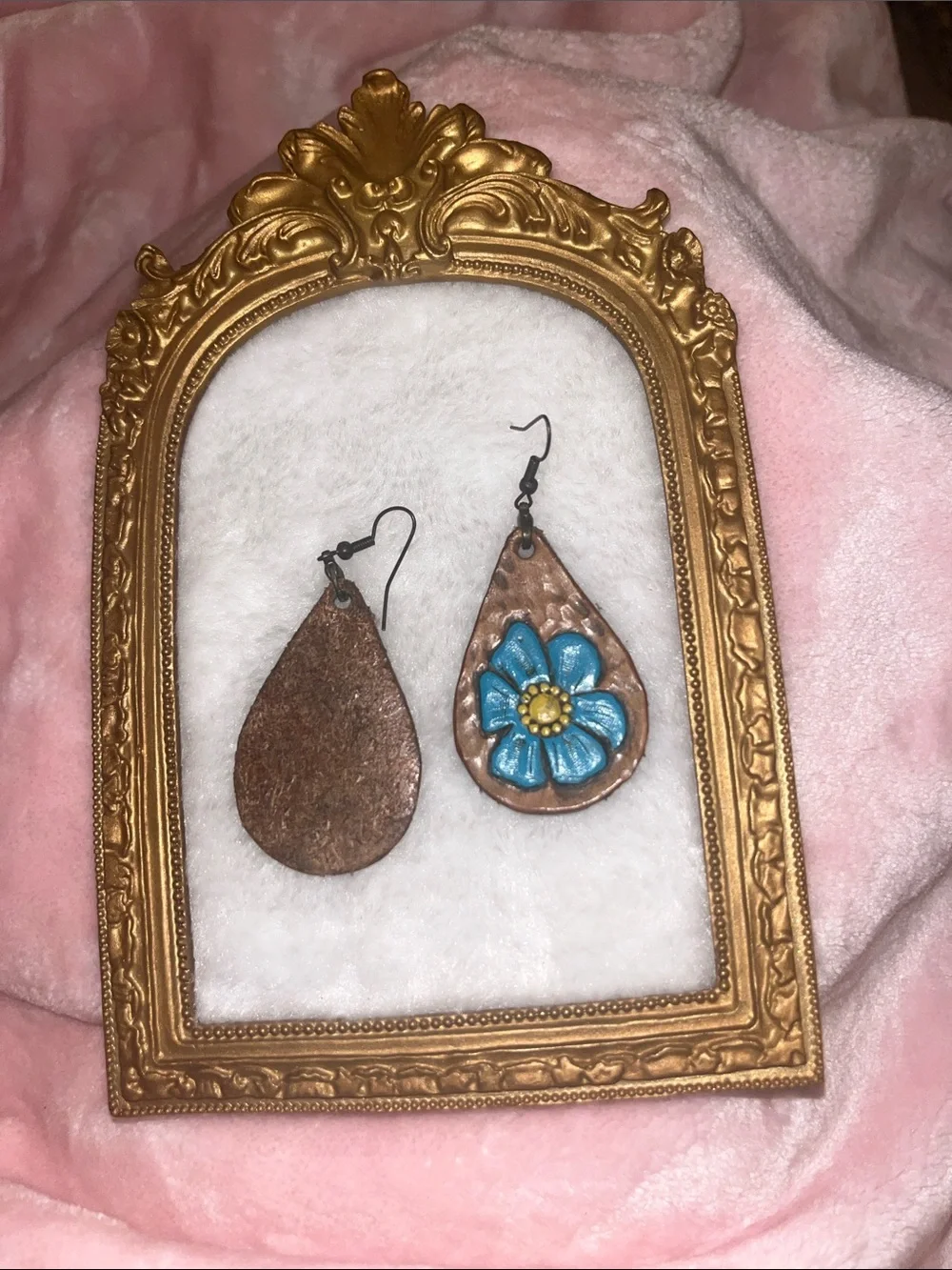 Handcrafted Teardrop Leather Earrings with Blue Flower Accent